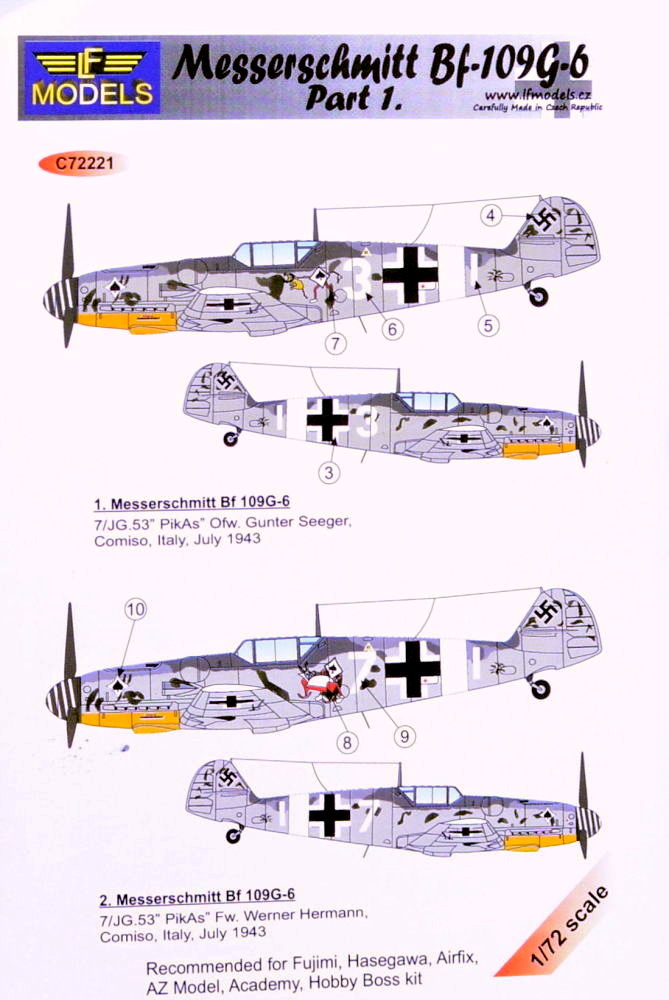 1/72 Decals Messerschmitt Bf 109G-6 Comiso Pt.1