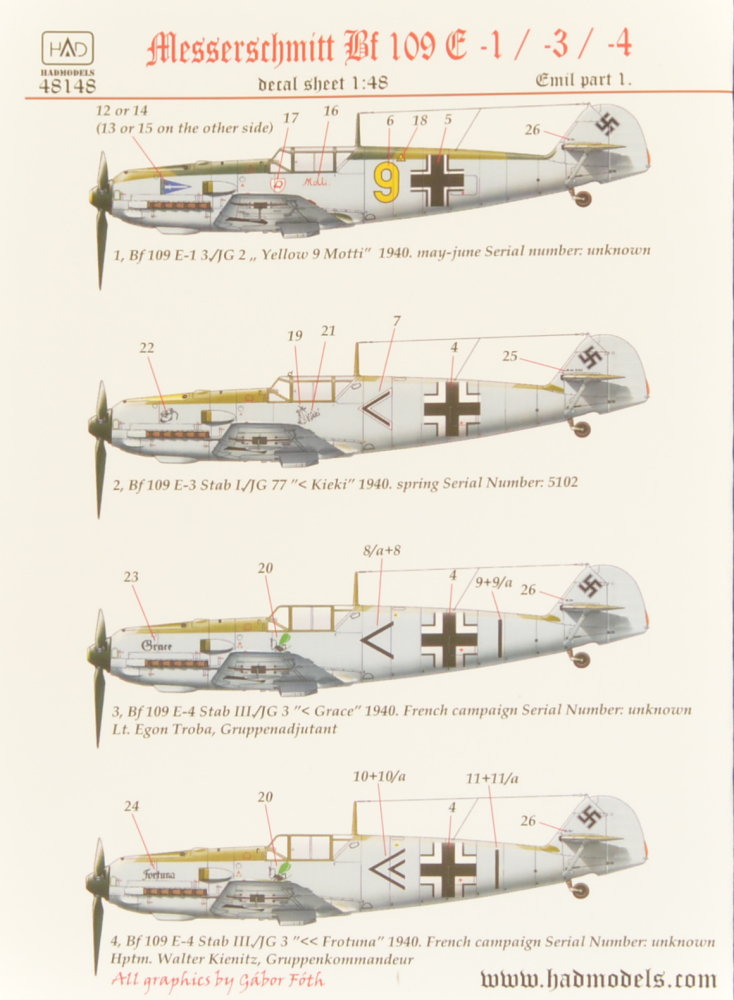 1/48 Decal Bf 109E1/E3/E4 (4x camo) Part 1