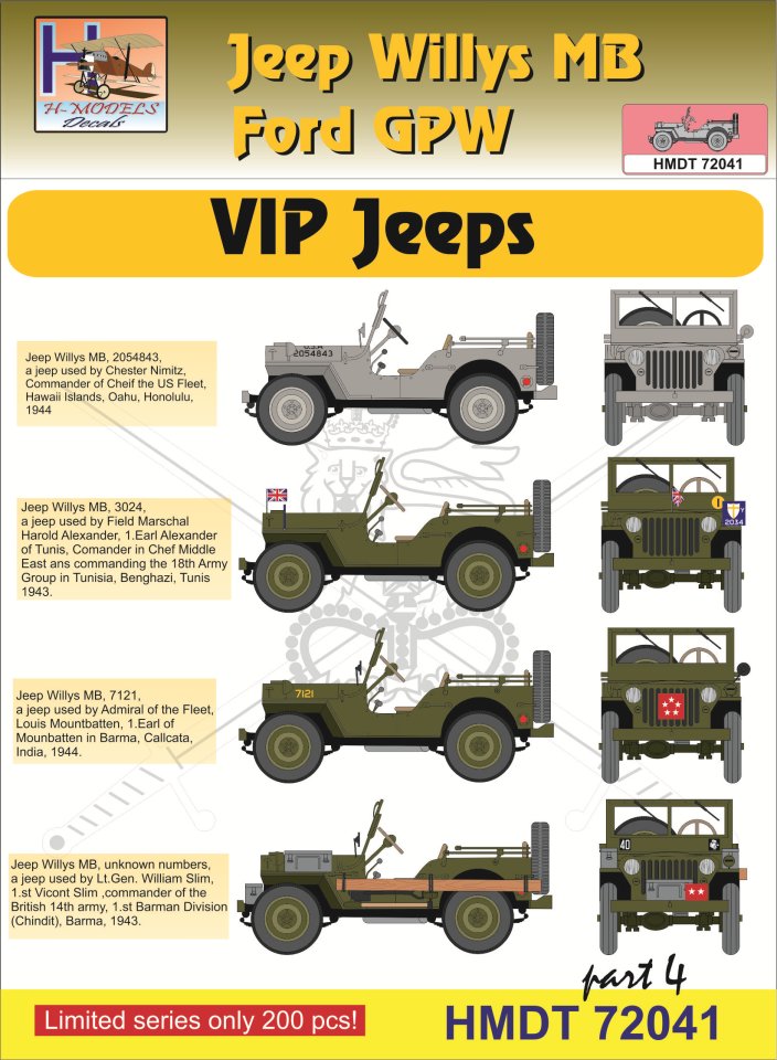1/72 Decals Jeep Willys MB/Ford GPW VIP Jeeps 4